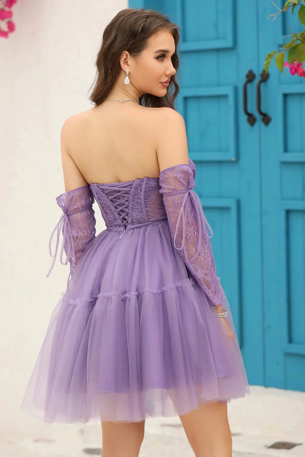 Black A-Line Corset Detachable Long Sleeves Homecoming Dress (ZD11568)