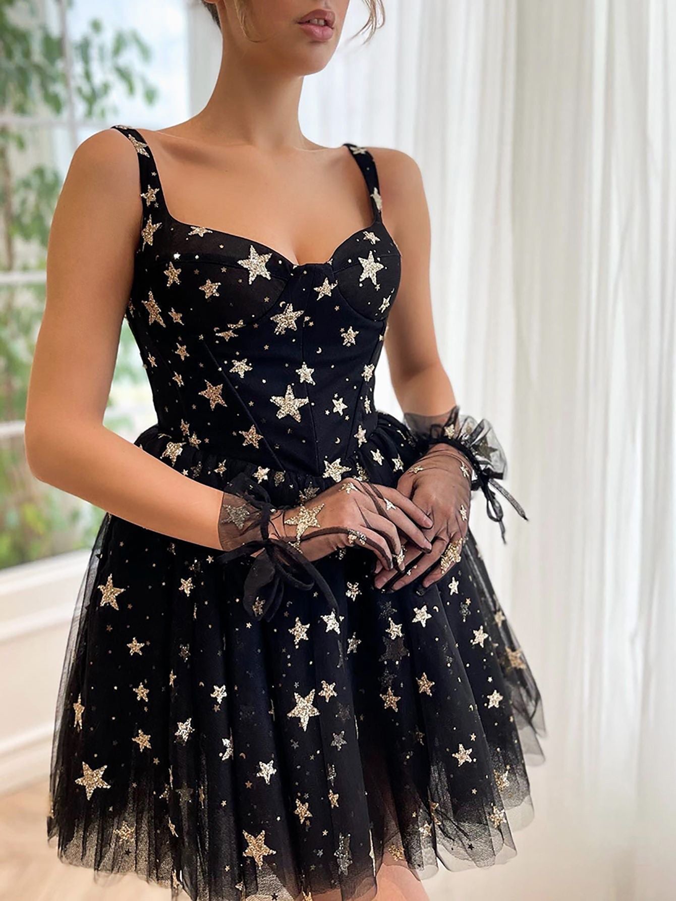 A Line Tulle Stars Black Short Homecoming Dress - Fashionpara