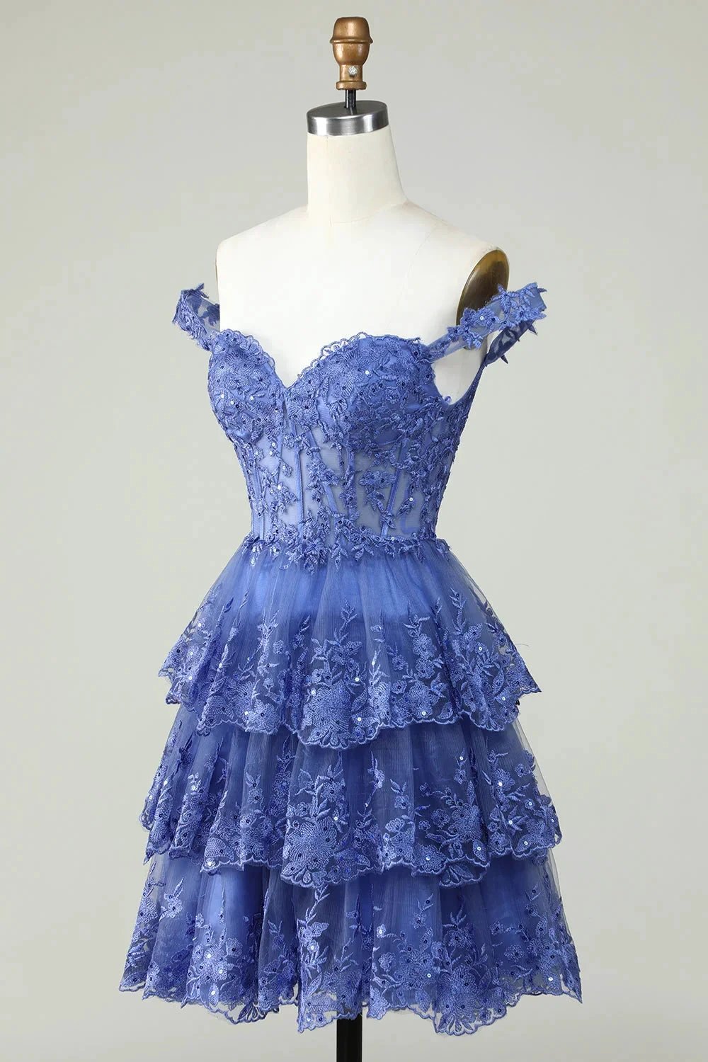 Cute A Line Corset Tiered Short Dark Blue Homecoming Dress with Lace (ZD11491)