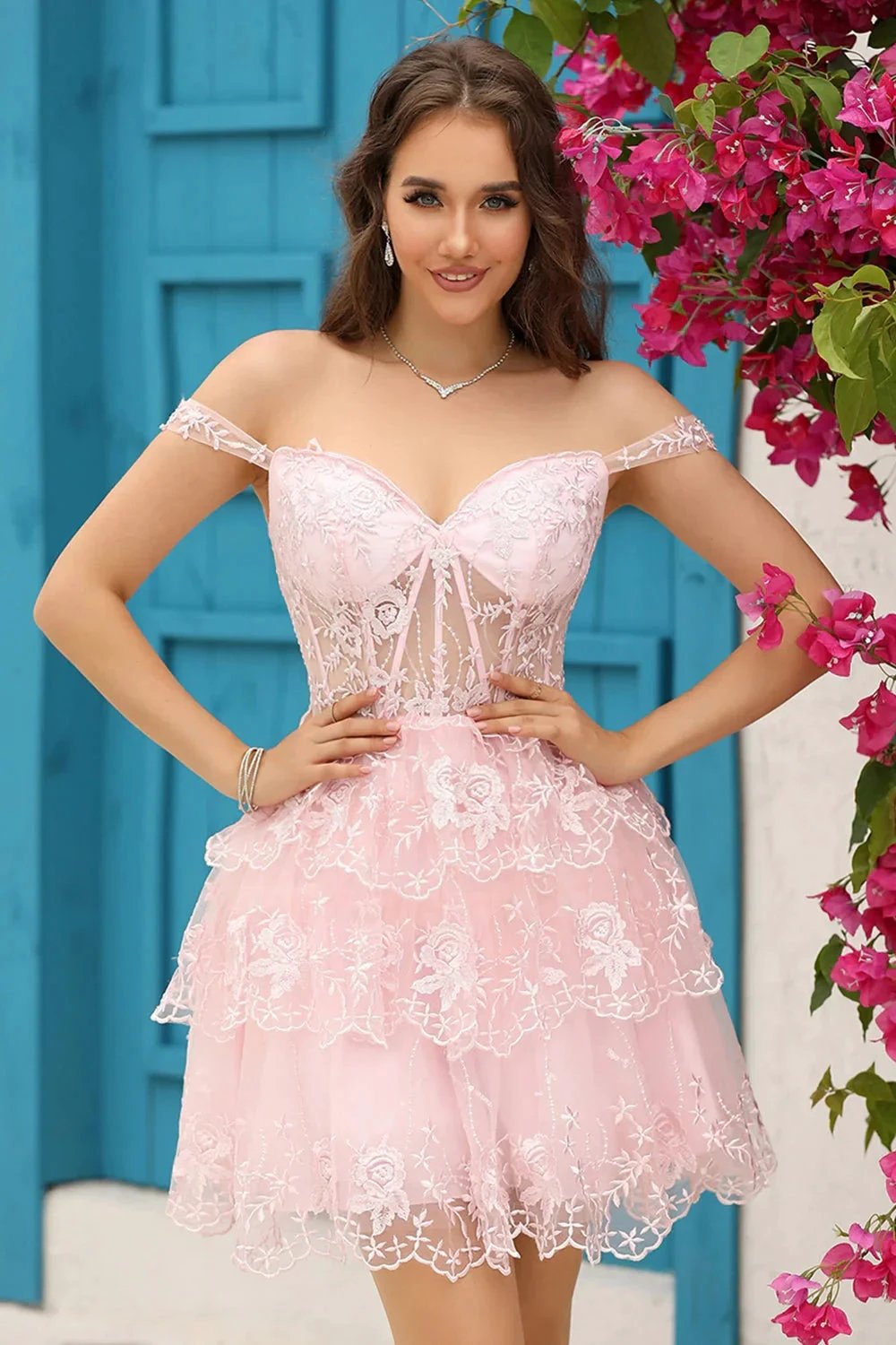 Cute A Line Corset Tiered Short Dark Blue Homecoming Dress with Lace (ZD11491)