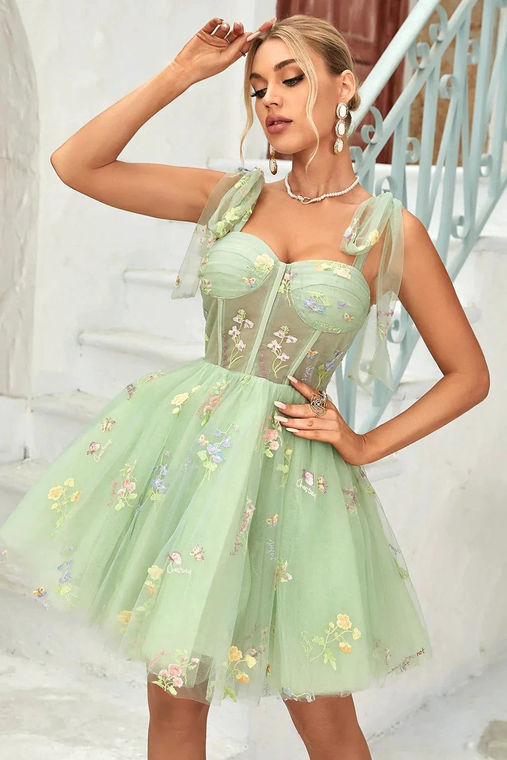 Cute Grey Blue A Line Spaghetti Straps Short Homecoming Dress with Appliques (ZD11462)