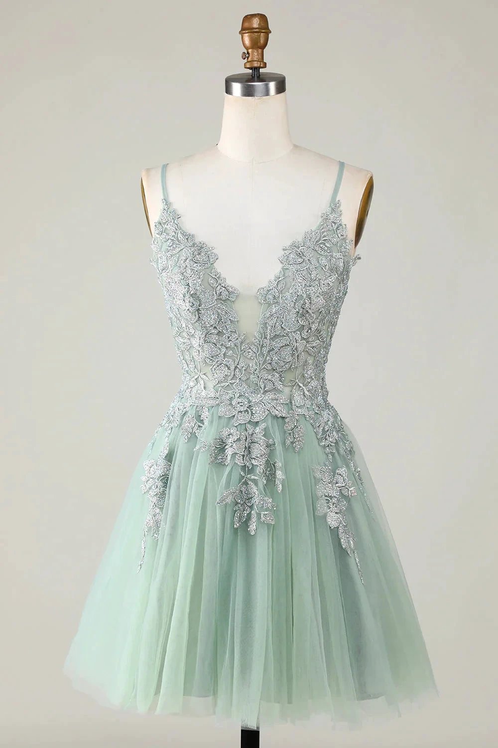 A Line Spaghetti Straps Grey Blue Short Homecoming Dress with Appliques by WEDTREND