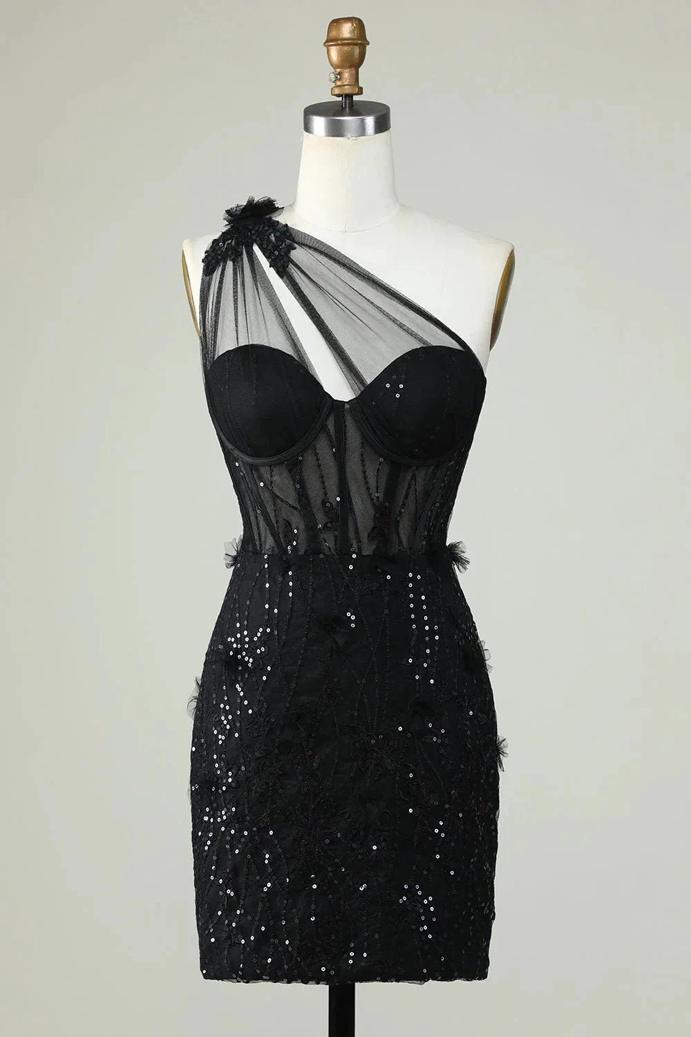 Black Bodycon One Shoulder Corset Short Homecoming Dress with Appliques by WEDTREND