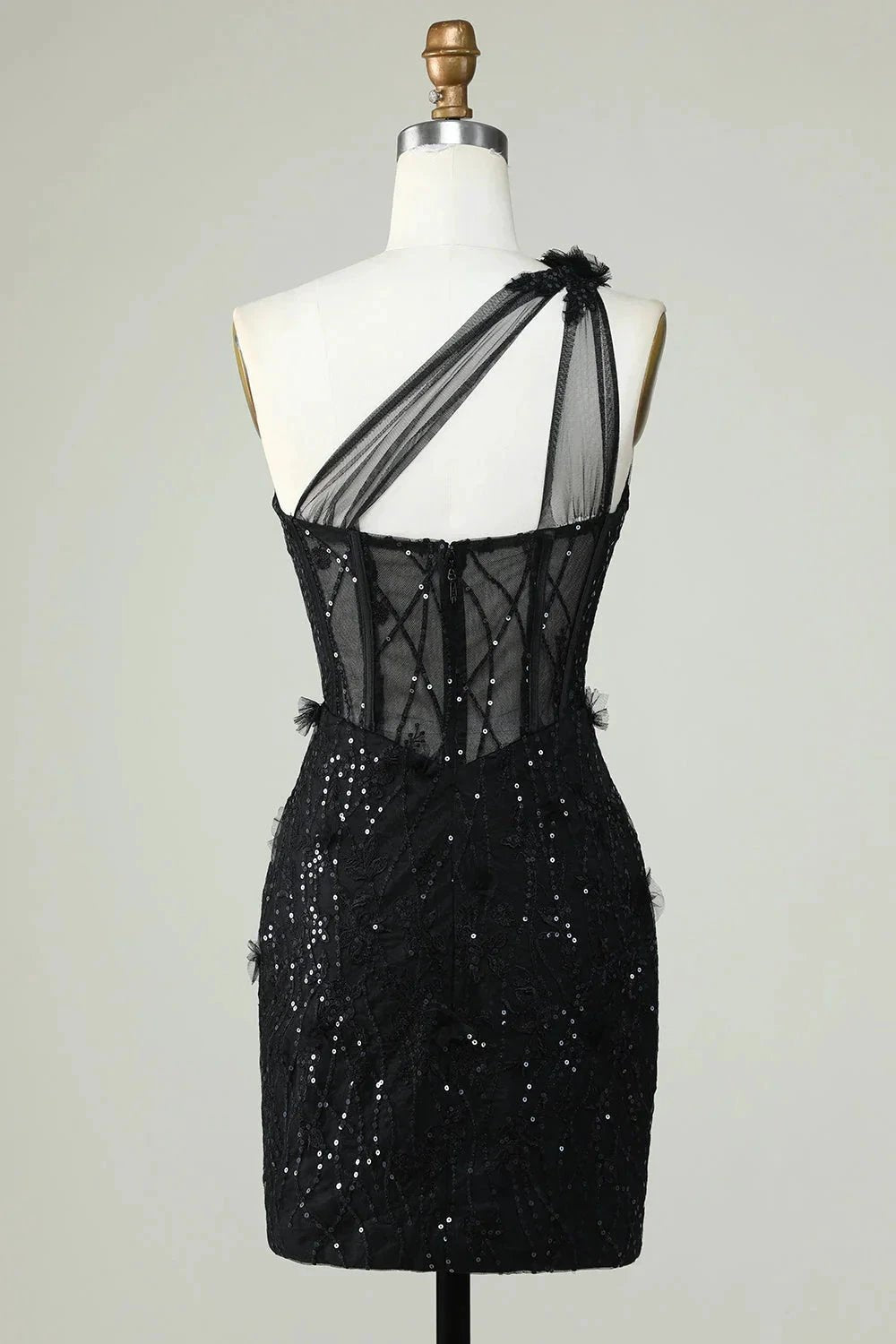 Black Bodycon One Shoulder Corset Short Homecoming Dress with Appliques (ZD11567)