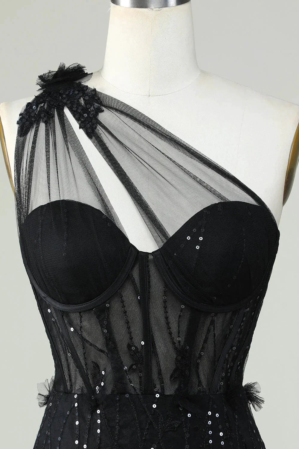 Black Bodycon One Shoulder Corset Short Homecoming Dress with Appliques (ZD11567)