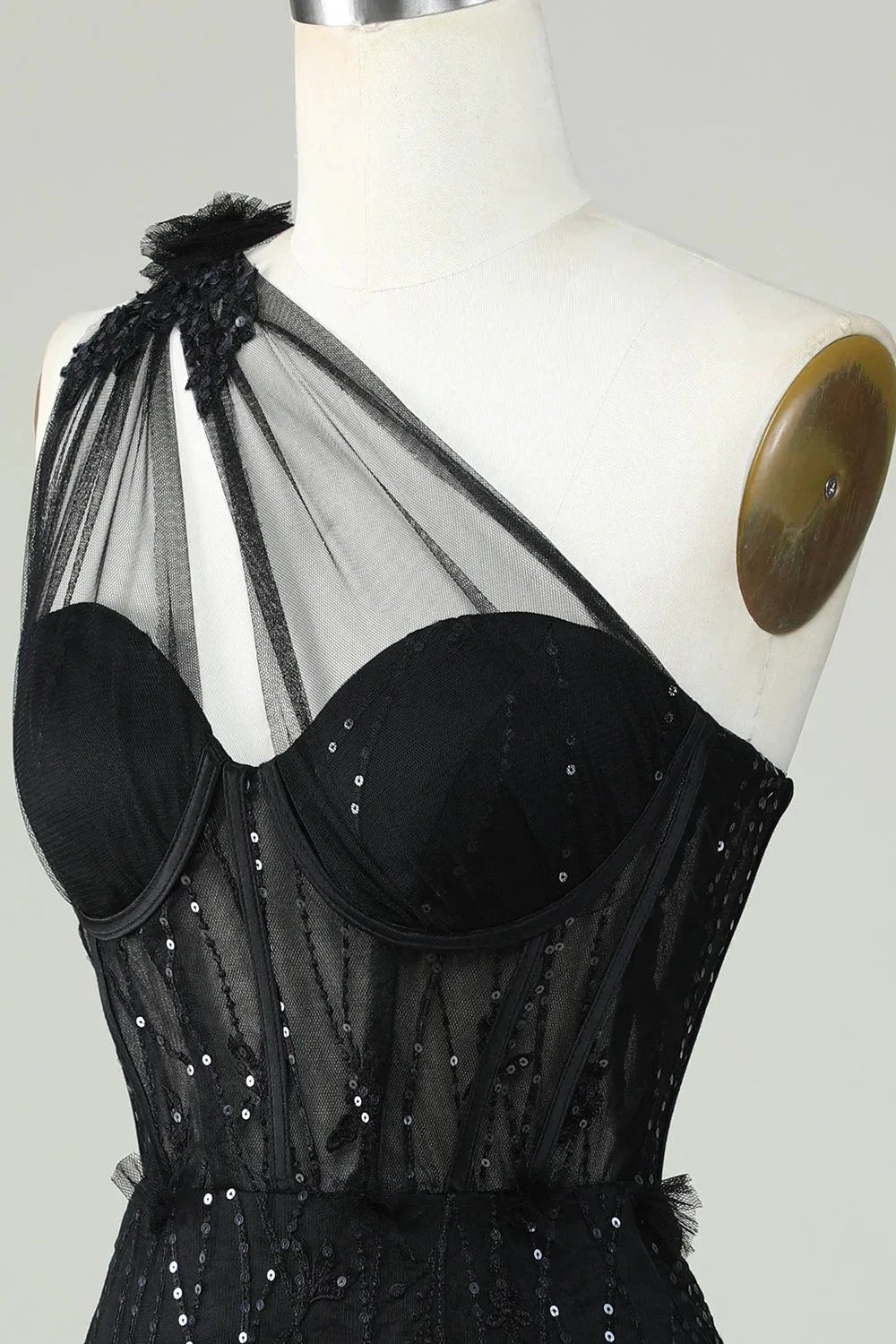 Black Bodycon One Shoulder Corset Short Homecoming Dress with Appliques (ZD11567)