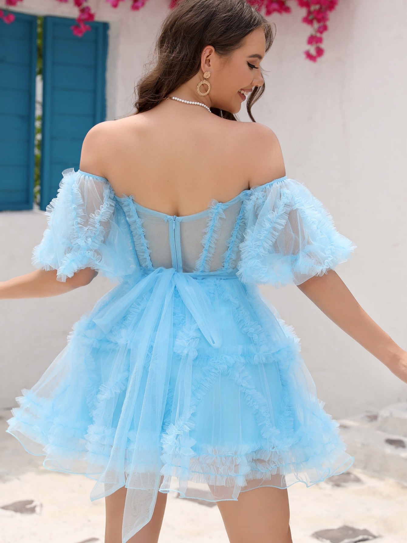 A-Line Blue V Neck Ruffles Homecoming Short Dress - Fashionpara