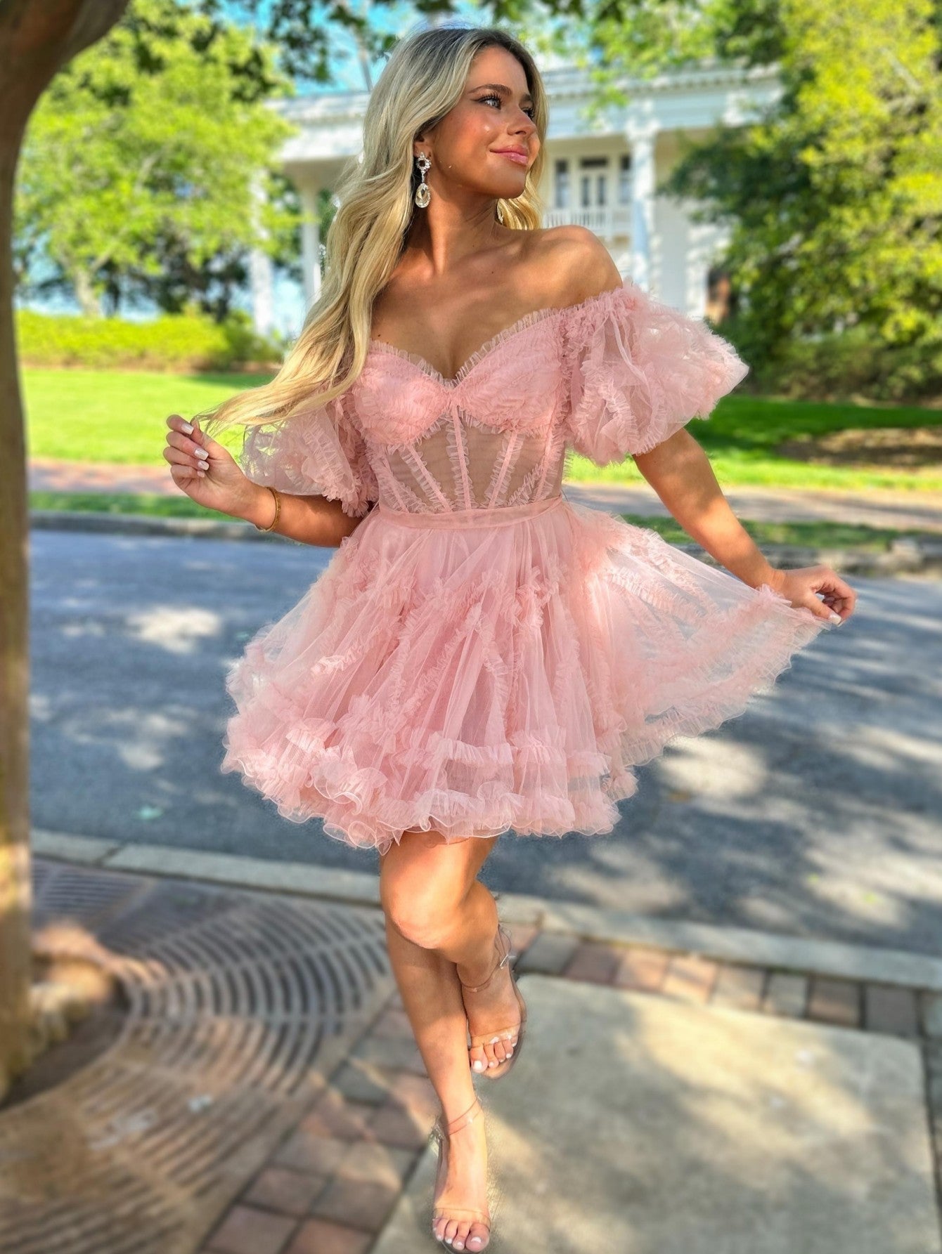 A-Line Blue V Neck Ruffles Short Homecoming Dress - Fashionpara