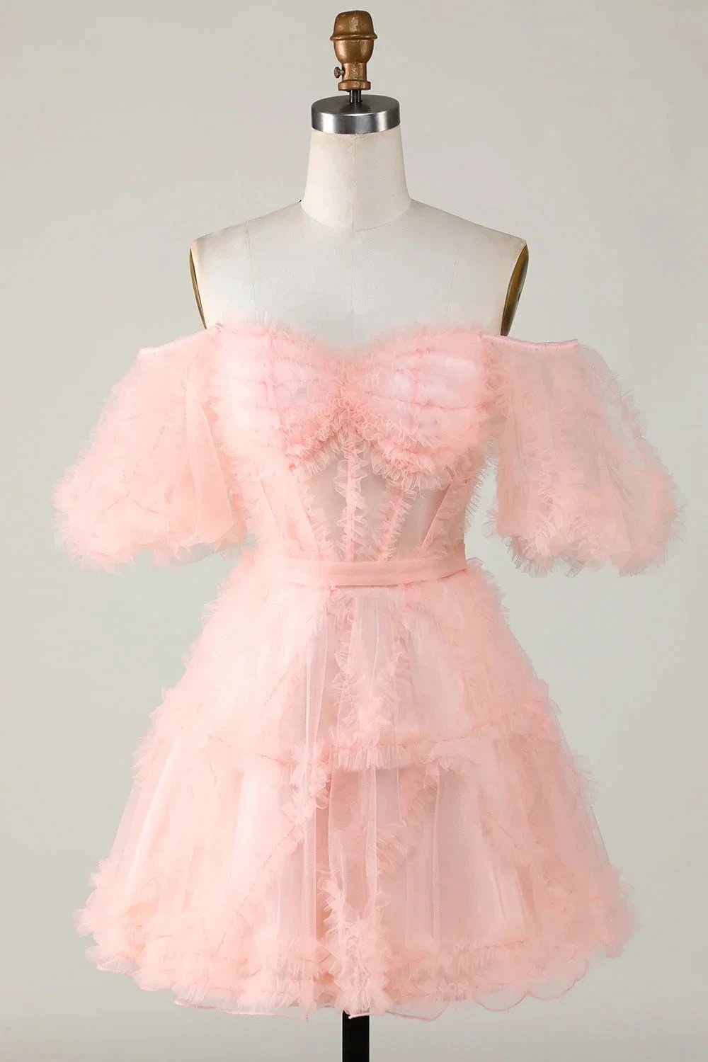 Cute Blush A line Tulle Off The Shoulder Short Homecoming Dress by WEDTREND