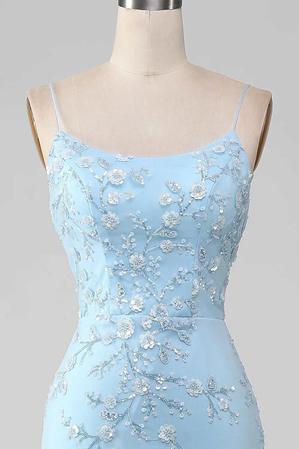 Sparkly Light Blue Mermaid Lace Up Long Prom Dress With Sequined Appliques