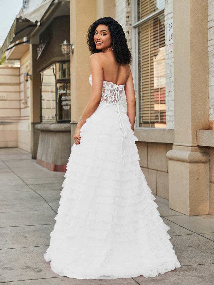 White Corset Ruffled A-Line Wedding Dress with Lace