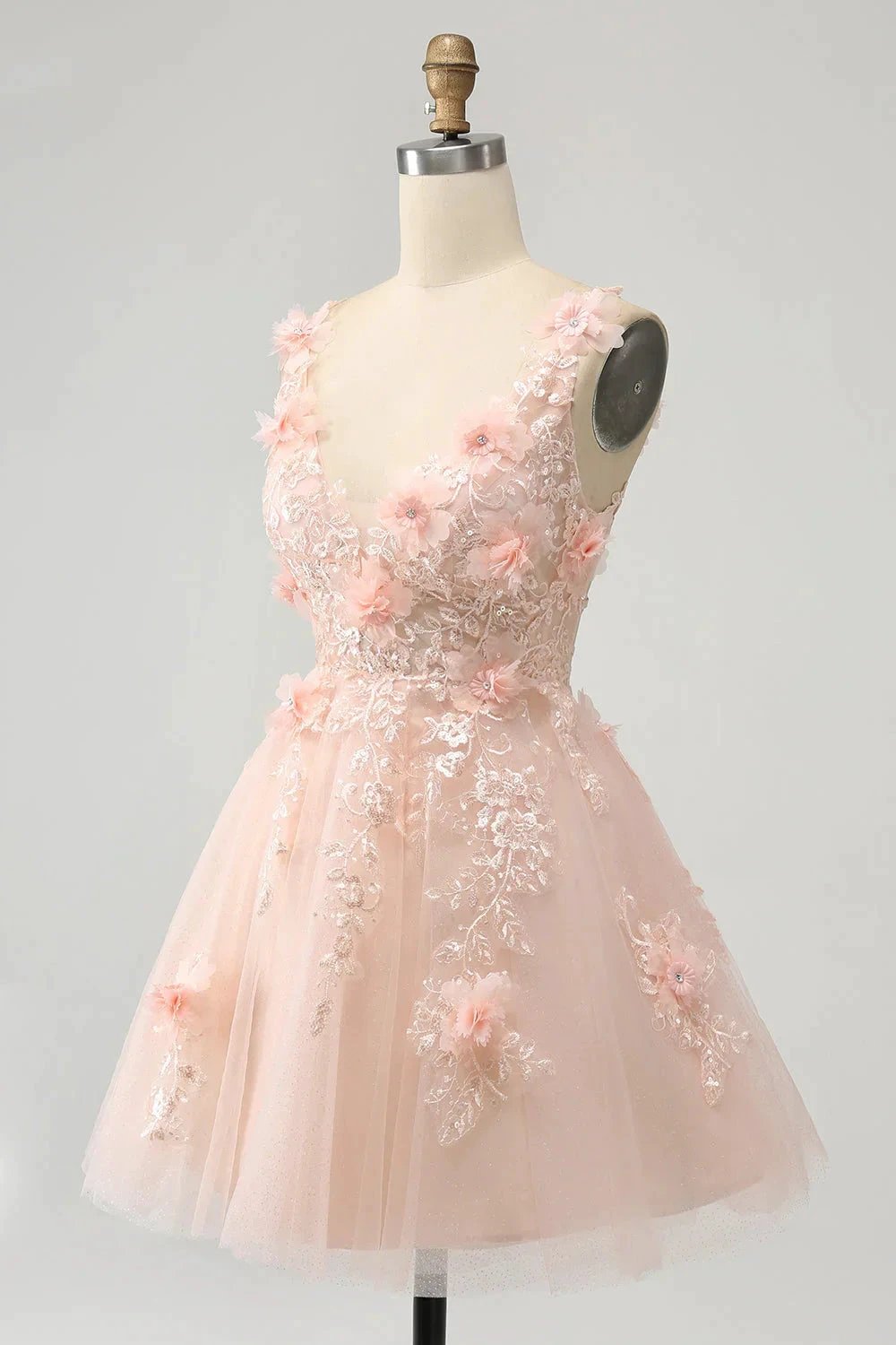 Cute Blush A Line V Neck Sequin Corset Short Homecoming Dress with Appliques (ZD11472)
