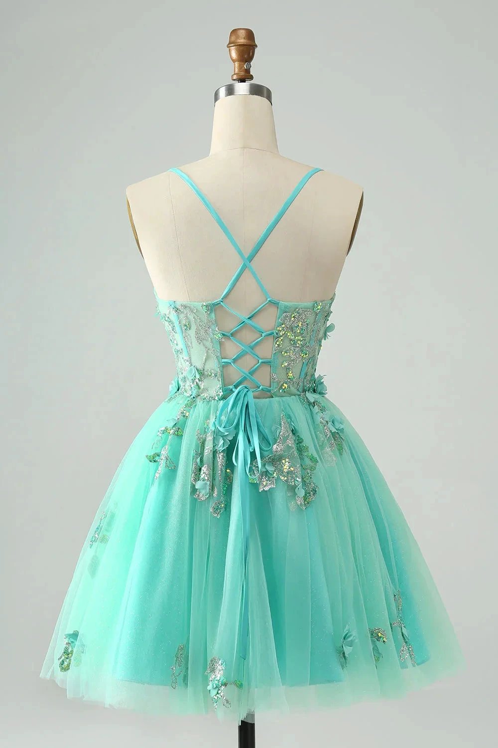 Cute Green A Line Spaghetti Straps Corset Short Homecoming Dress with Appliques (ZD11464)