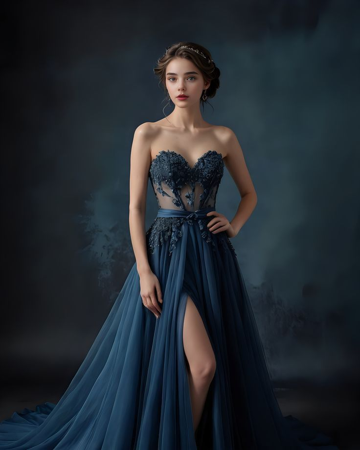 Elegant Strapless Navy Blue Tulle Appliques Prom Dress A Line Slit Evening Dress Y8319 - VelvetHem
