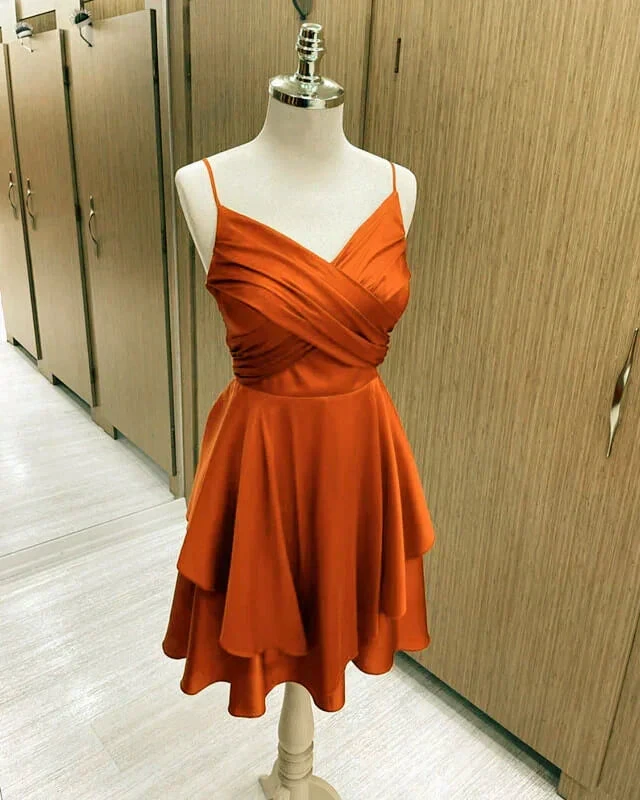 Short Burnt Orange Satin Cocktail Dresses V-neck Semi Formal Dress,Homecoming Dress (ZD12404)