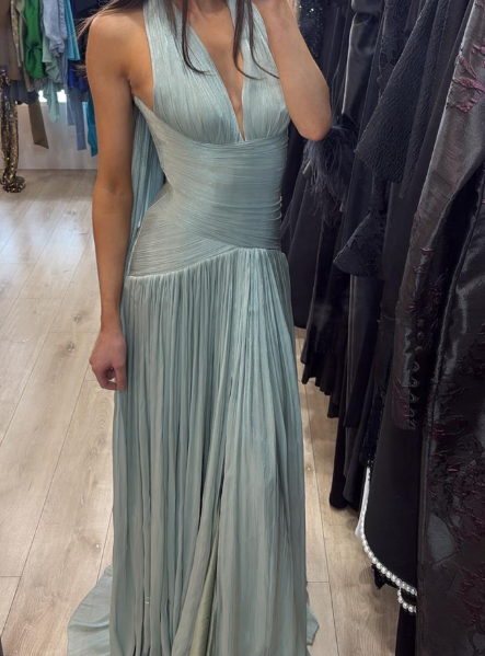 Elegant Blue Halter V Neck Chiffon Pleated Mermaid Evening Dress Long Wedding Guest Dress