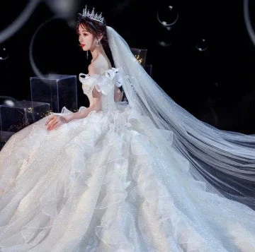 Fairy Romantic Off Shoulder White Wedding Dress Sweep Train (ZD13710)