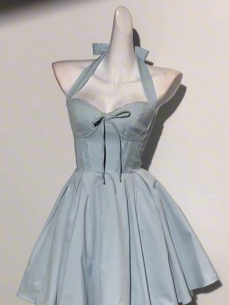 Blue Halter Neck A Line Short Birthday Dress Homecoming Dress