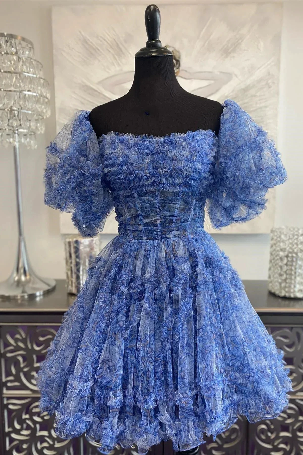Blue Puff Sleeves Ruffles A-line Prints Homecoming Dress Y2714 by simplepromdress