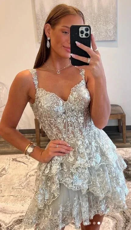 Princess A Line Tiered Short Glitter Homecoming Dress With Appliques (ZD11421)