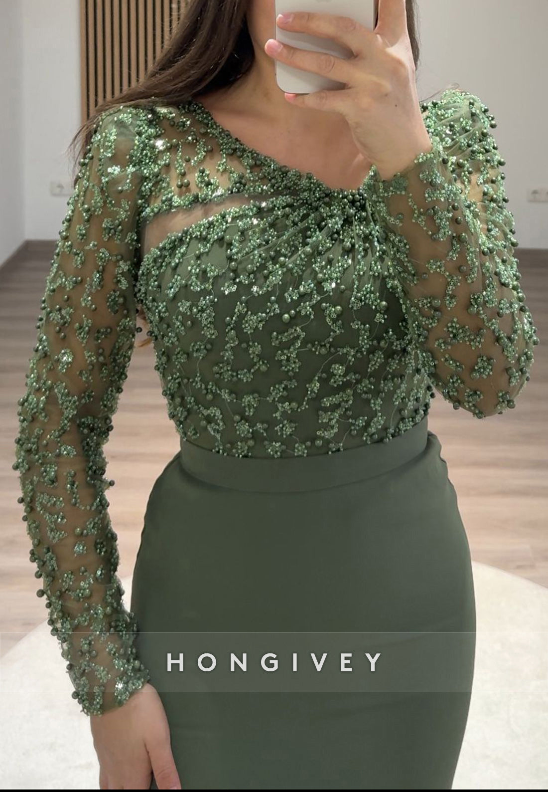 Beading Long Sleeve Scoop Floor-Length Column Formal Evening Dresses