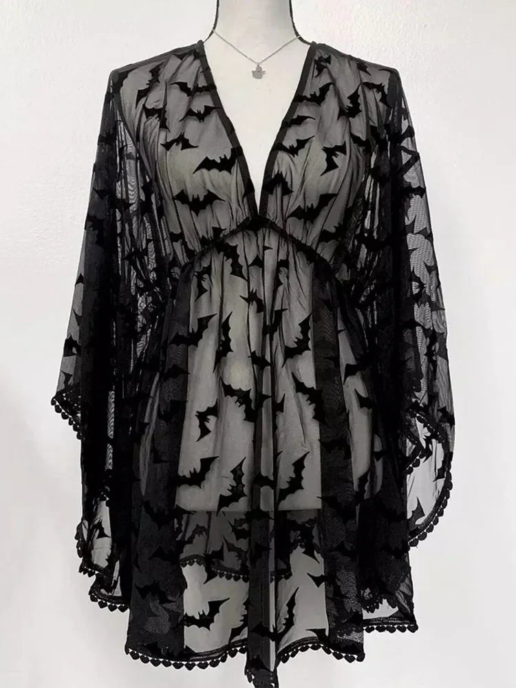 Grunge Aesthetic See Through Black Goth Lace E-Girls Chiffon Graphic Bat Night Club Dress - View 4 | VelvetHem