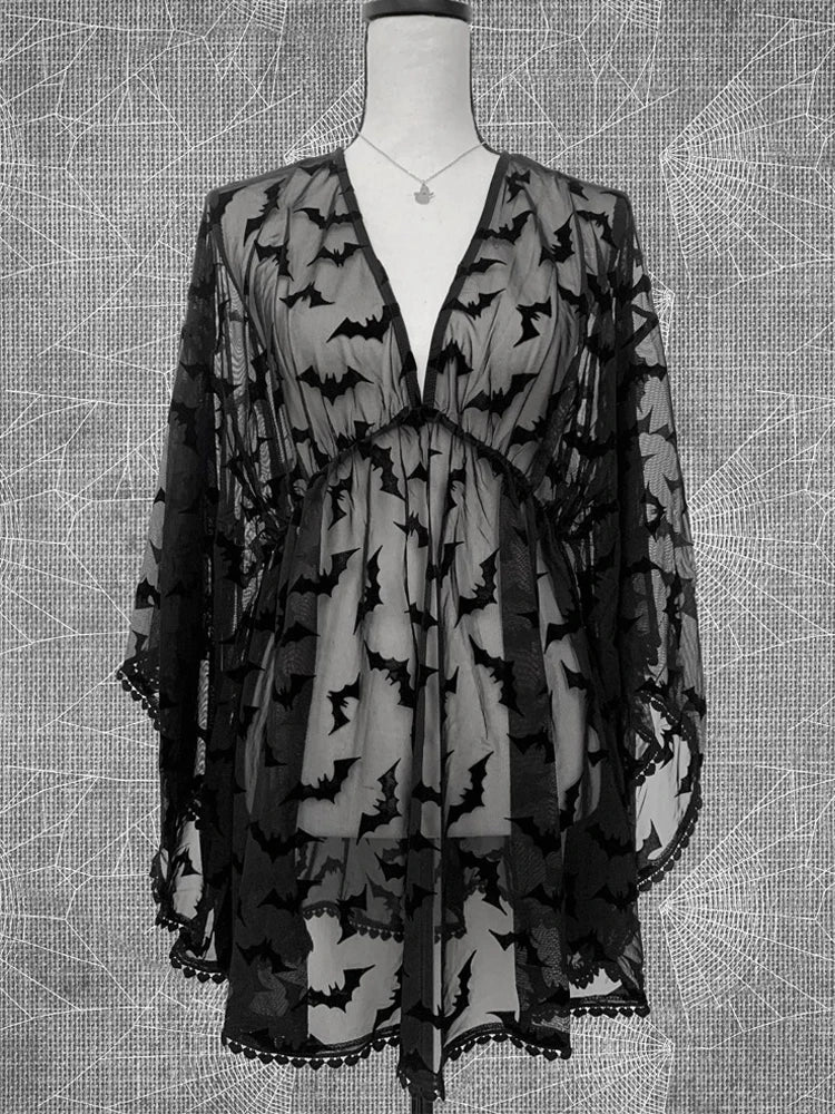 Grunge Aesthetic See Through Black Goth Lace E-Girls Chiffon Graphic Bat Night Club Dress - View 2 | VelvetHem