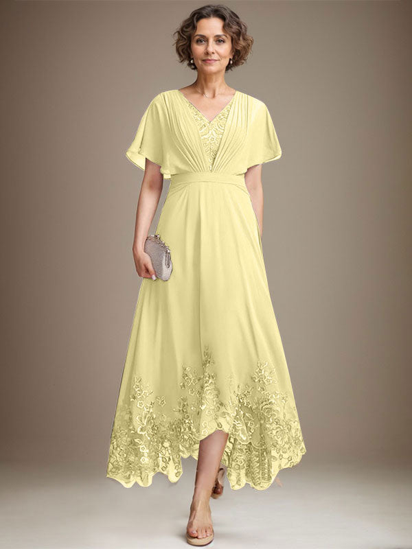 A-line V-Neck Asymmetrical Lace Chiffon Mother of the Bride Dress With Pleated
