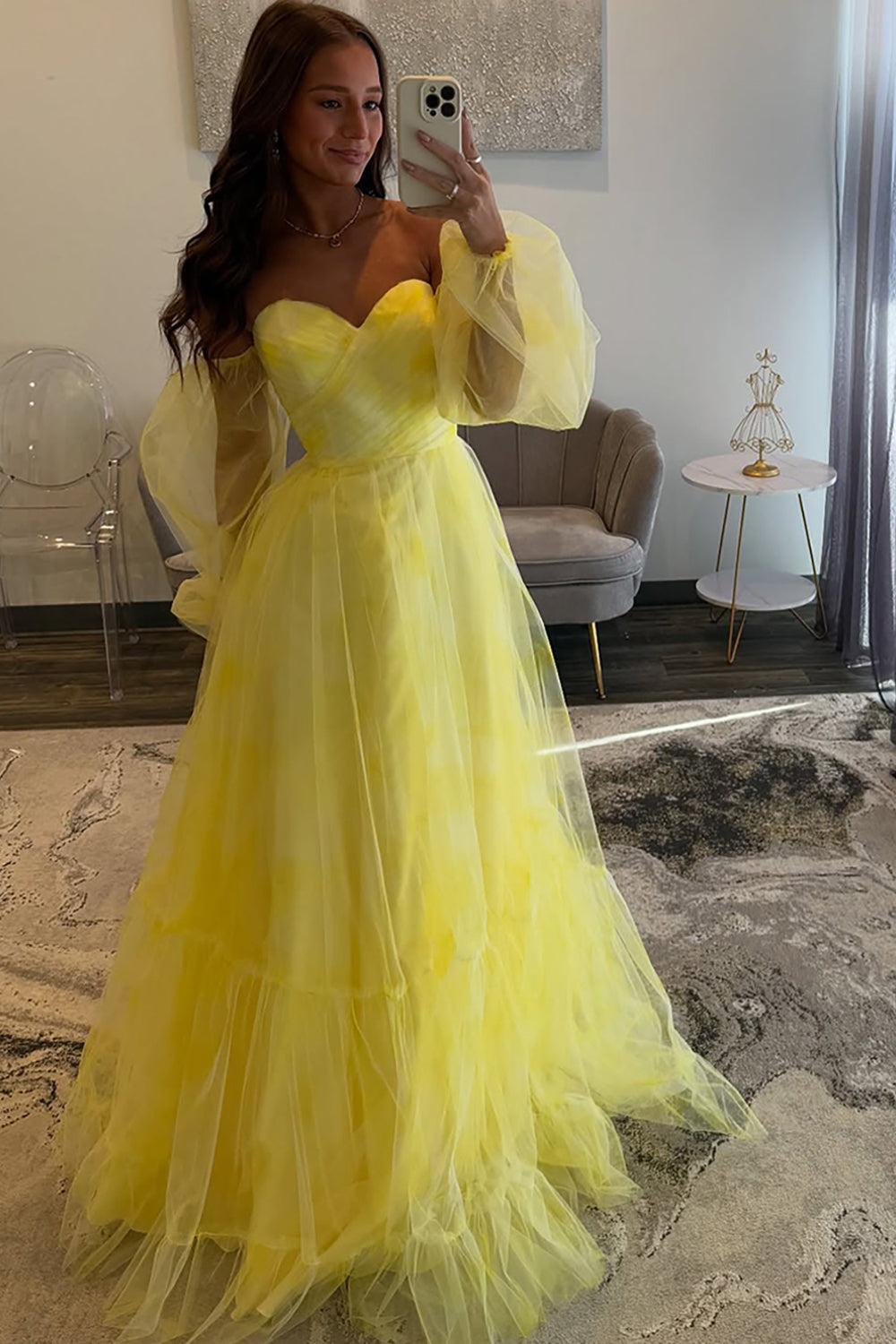 Yellow Prom Dress A Line Off The Shoulder Long Tulle Formal Dress With Long Sleeves