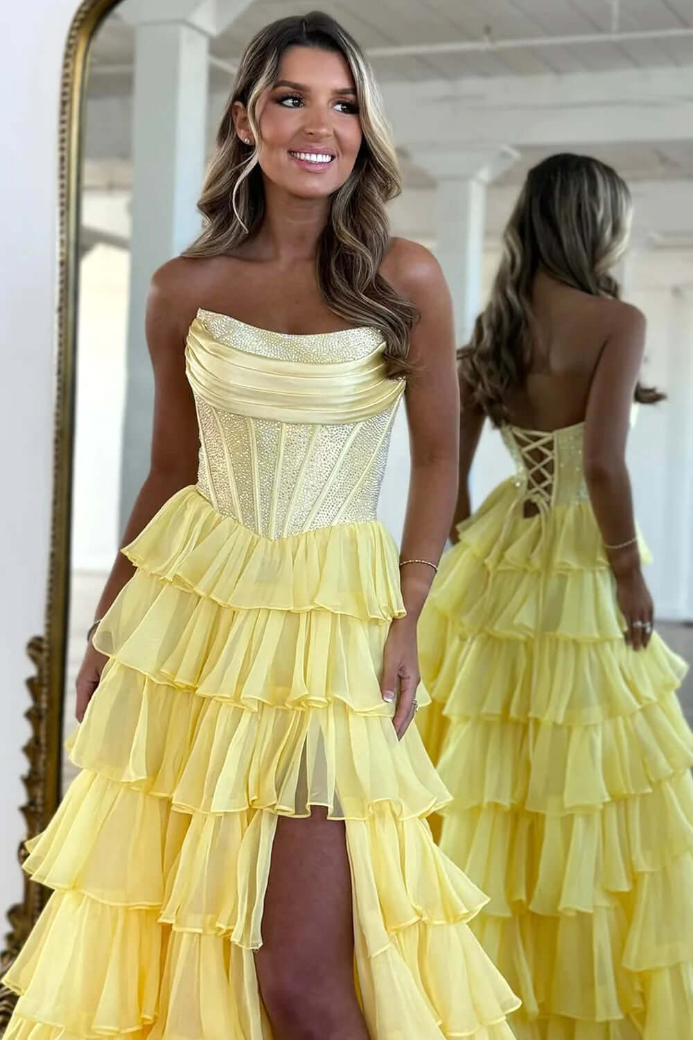 Yellow Prom Dress A Line Strapless Corset Long Chiffon Formal Dress With Slit
