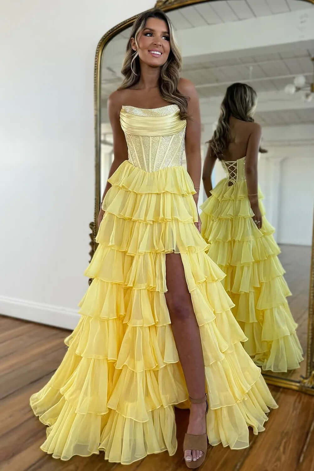 Yellow Prom Dress A Line Strapless Corset Long Chiffon Formal Dress With Slit