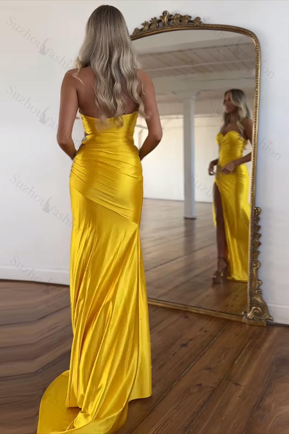 Yellow Prom Dress Beaded Mermaid Sweetheart Long Formal Dress With Slit