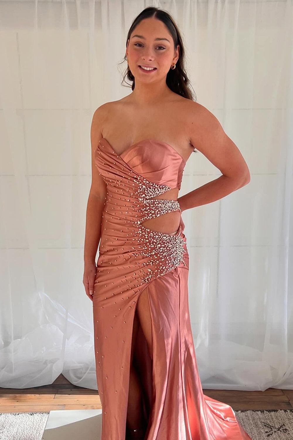 Yellow Prom Dress Beaded Mermaid Sweetheart Long Formal Dress With Slit