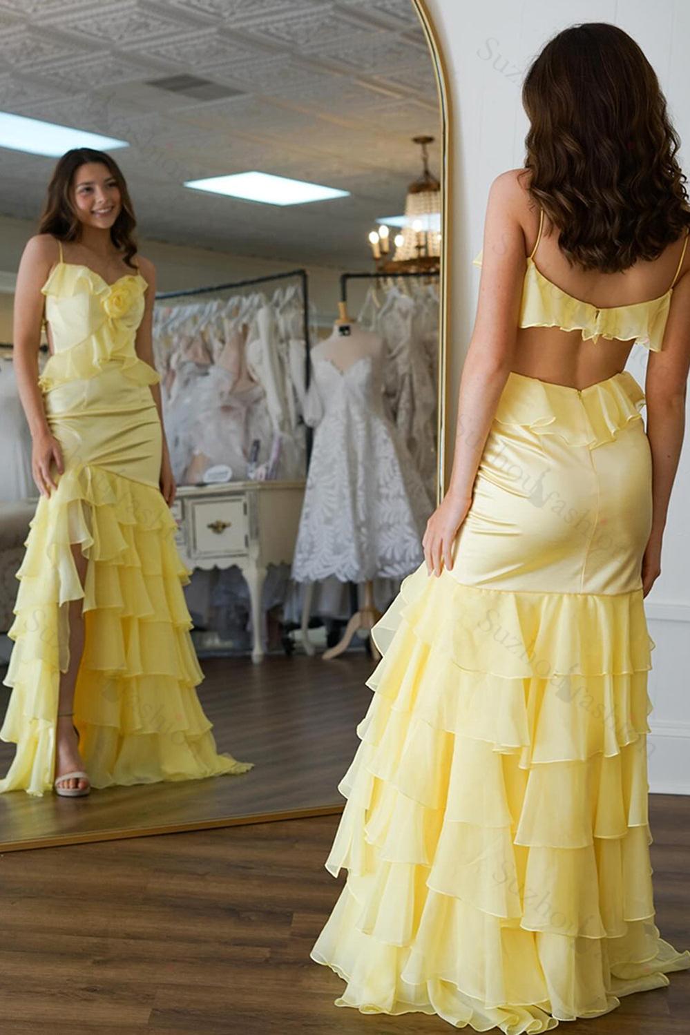 Yellow Prom Dress Ruffled Chiffon Mermaid Long Formal Dress With Slit