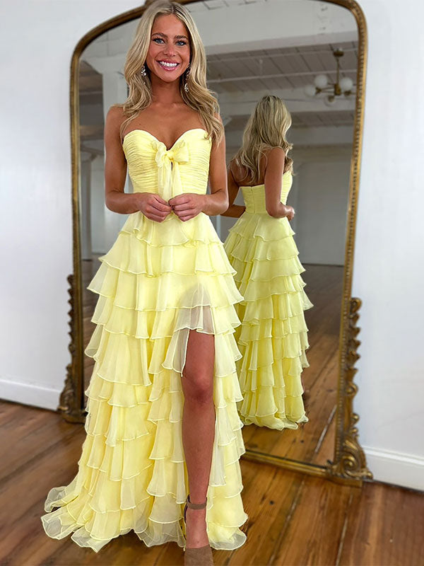 Fuchsia A-Line Sweetheart Chiffon Tiered Long Prom Dress with Slit
