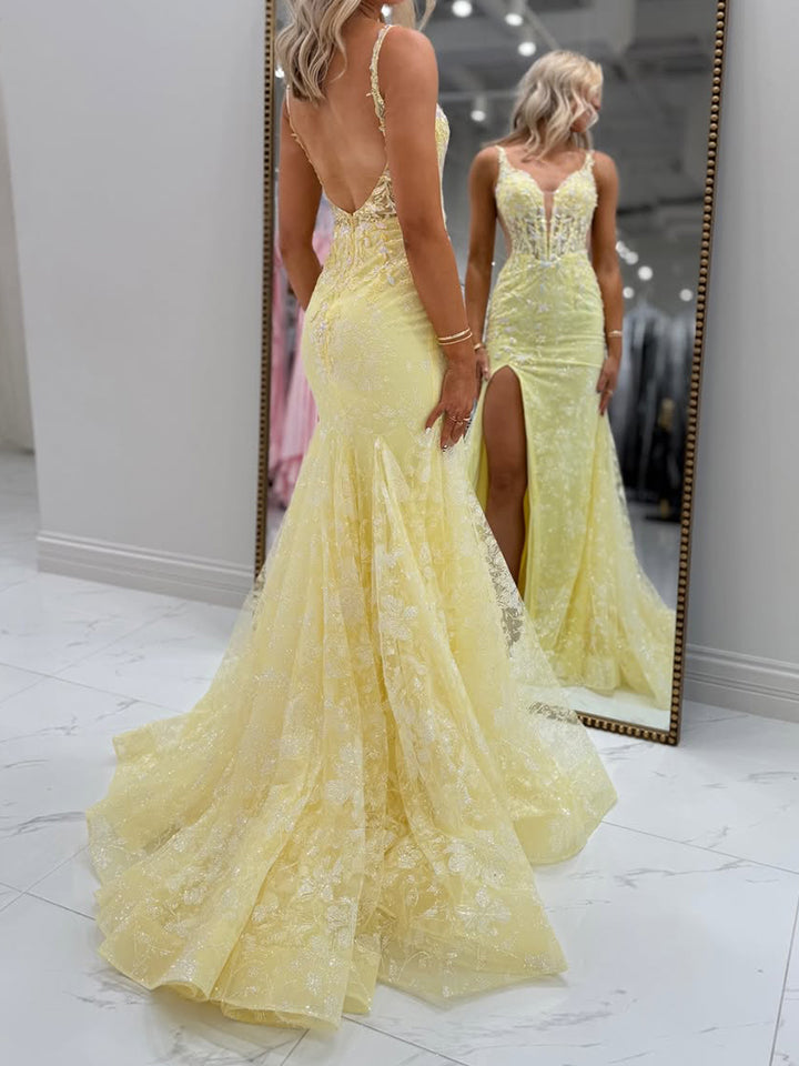 Yellow Floral Beaded Plunging Sweetheart Corset Prom Dress with Slit