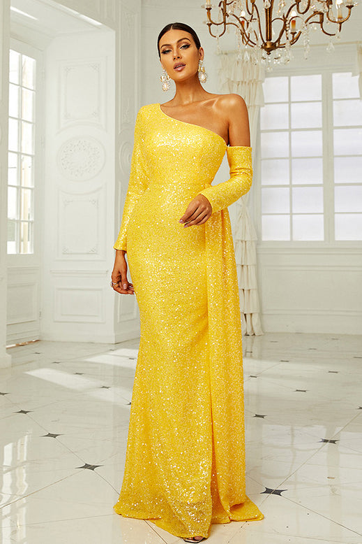 Yellow Long Sleeve Formal Gown Evening Prom Dress - Fashionpara