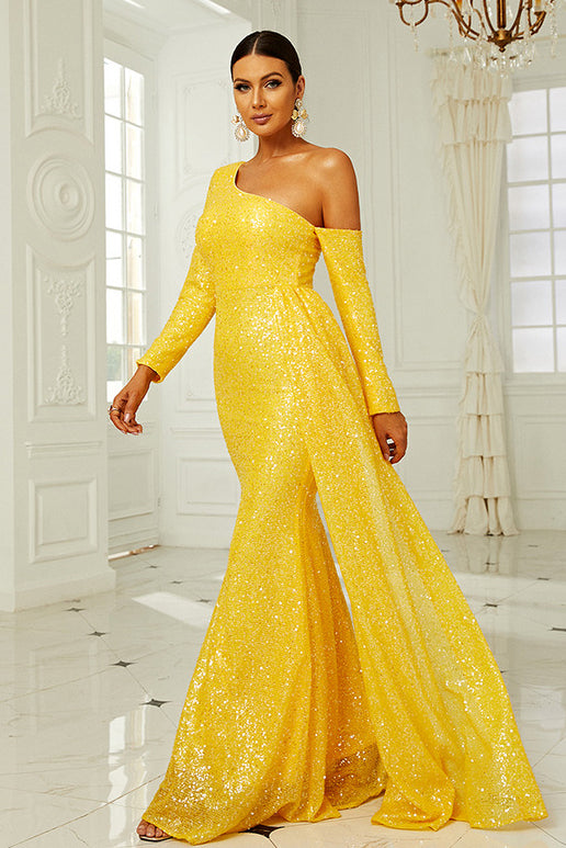 Yellow Long Sleeve Formal Gown Evening Prom Dress - Fashionpara
