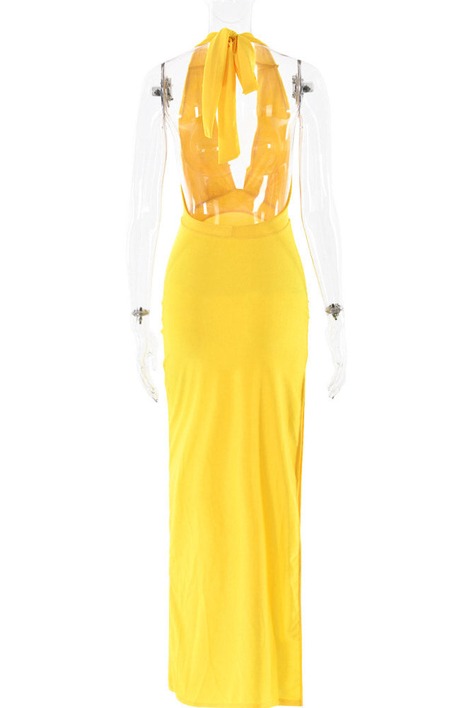 Yellow Open Back Halter Evening Gown Prom Dress - Fashionpara
