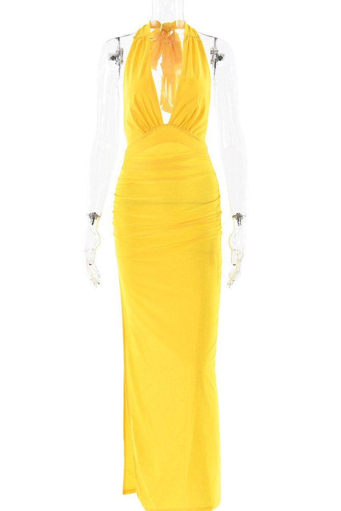 Yellow Open Back Halter Evening Gown Prom Dress - Fashionpara