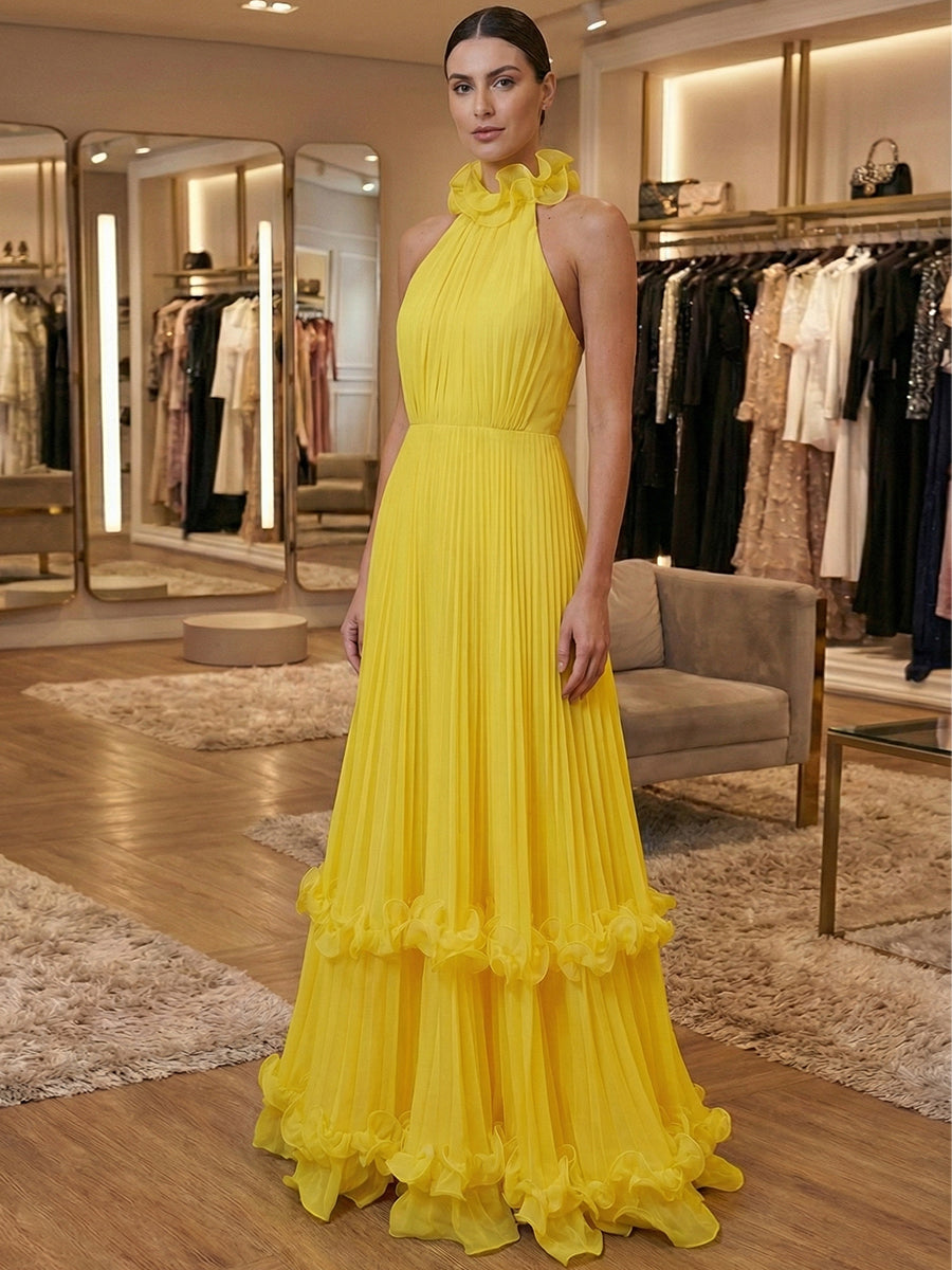 Yellow Pleated Halter Ruffle Long Prom Dress