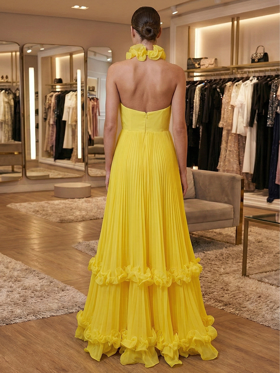 Yellow Pleated Halter Ruffle Long Prom Dress