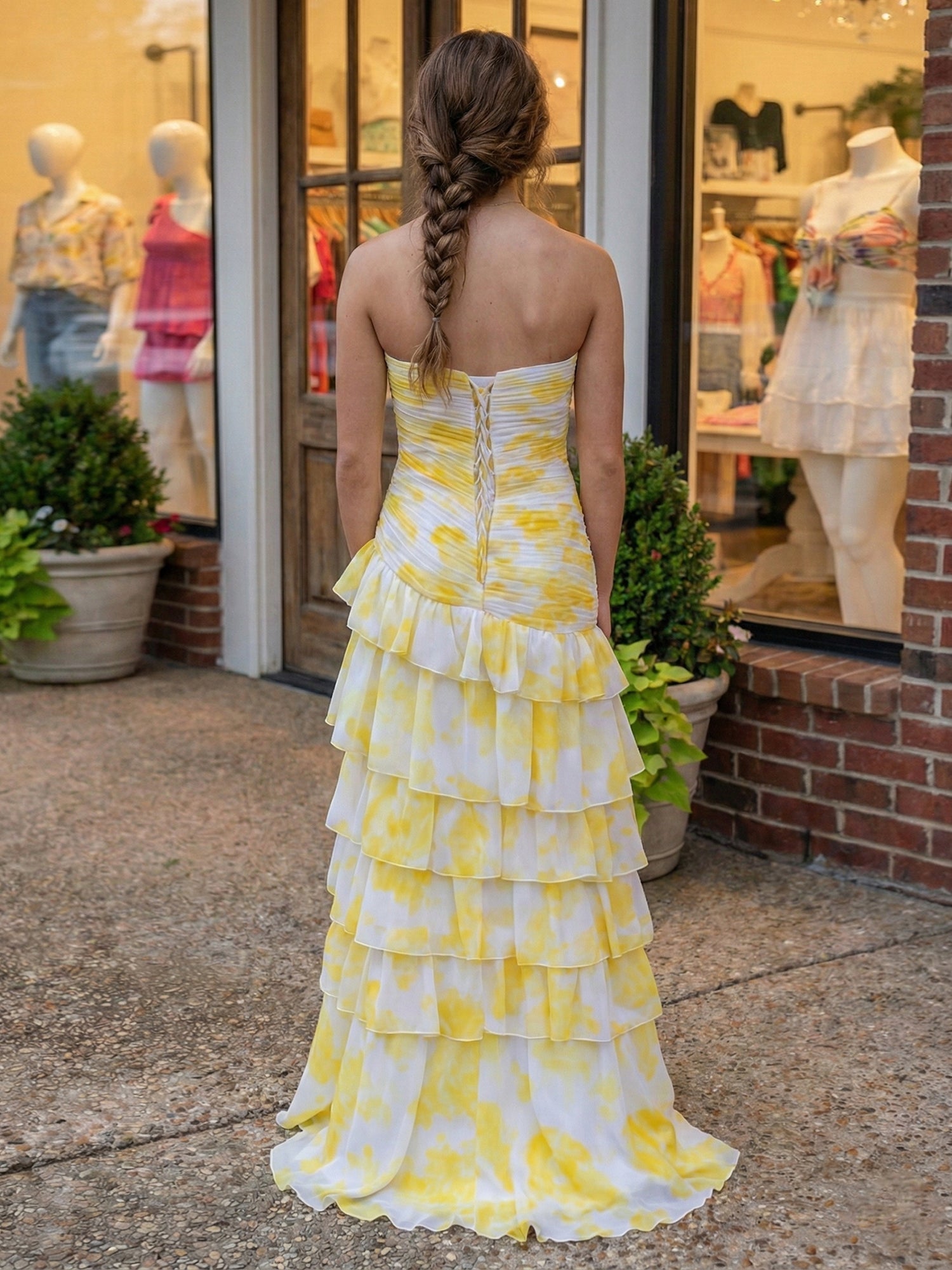Yellow Print Mermaid Ruffled Tiered Prom Dress with Slit