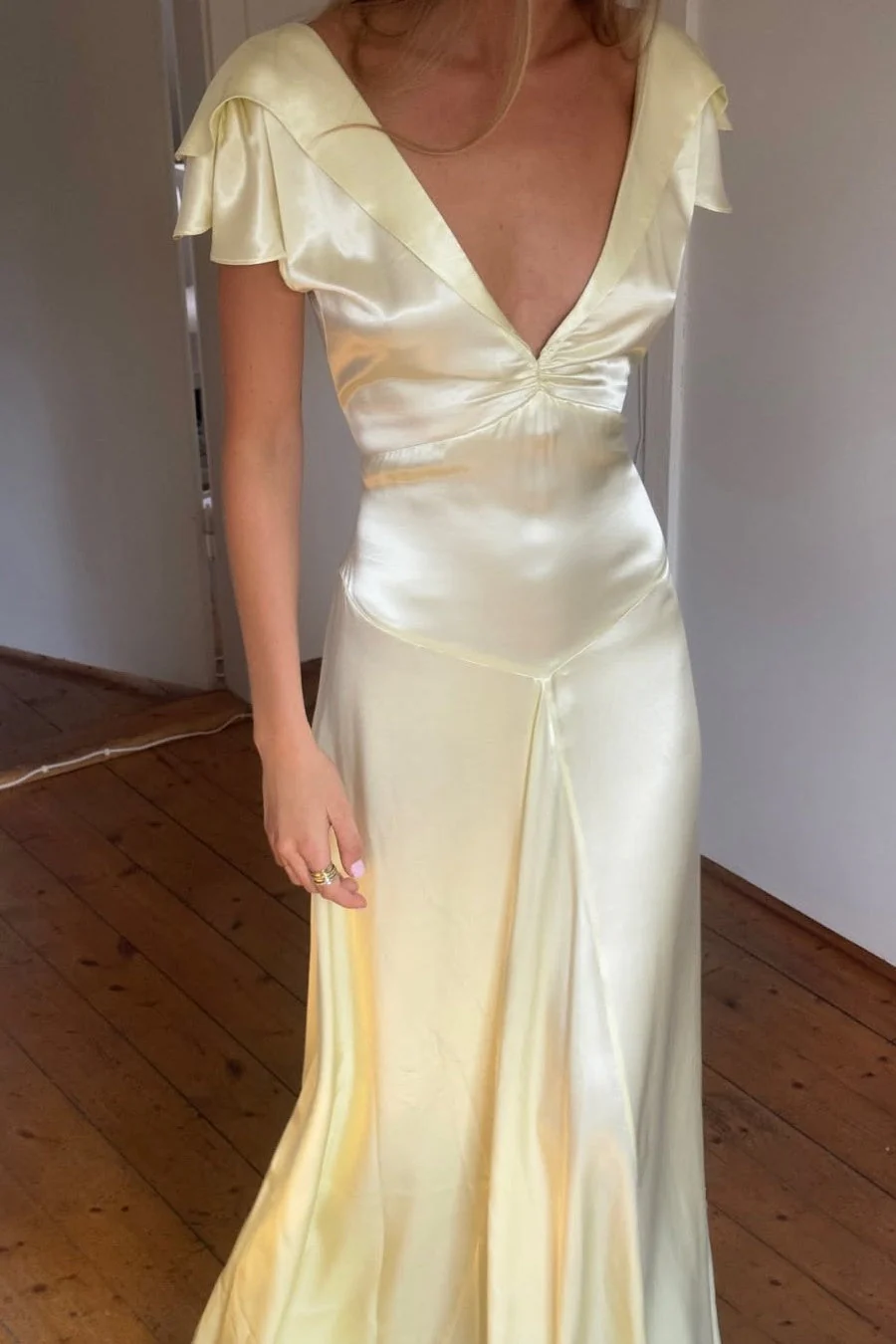 Yellow Satin Open Back Wedding Guest Dress Formal Evening Dress  J10261