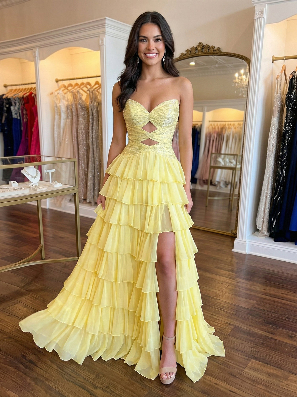 Yellow Sequined Cutout Tiered Ruffle Prom Dress with Slit - FashionDia