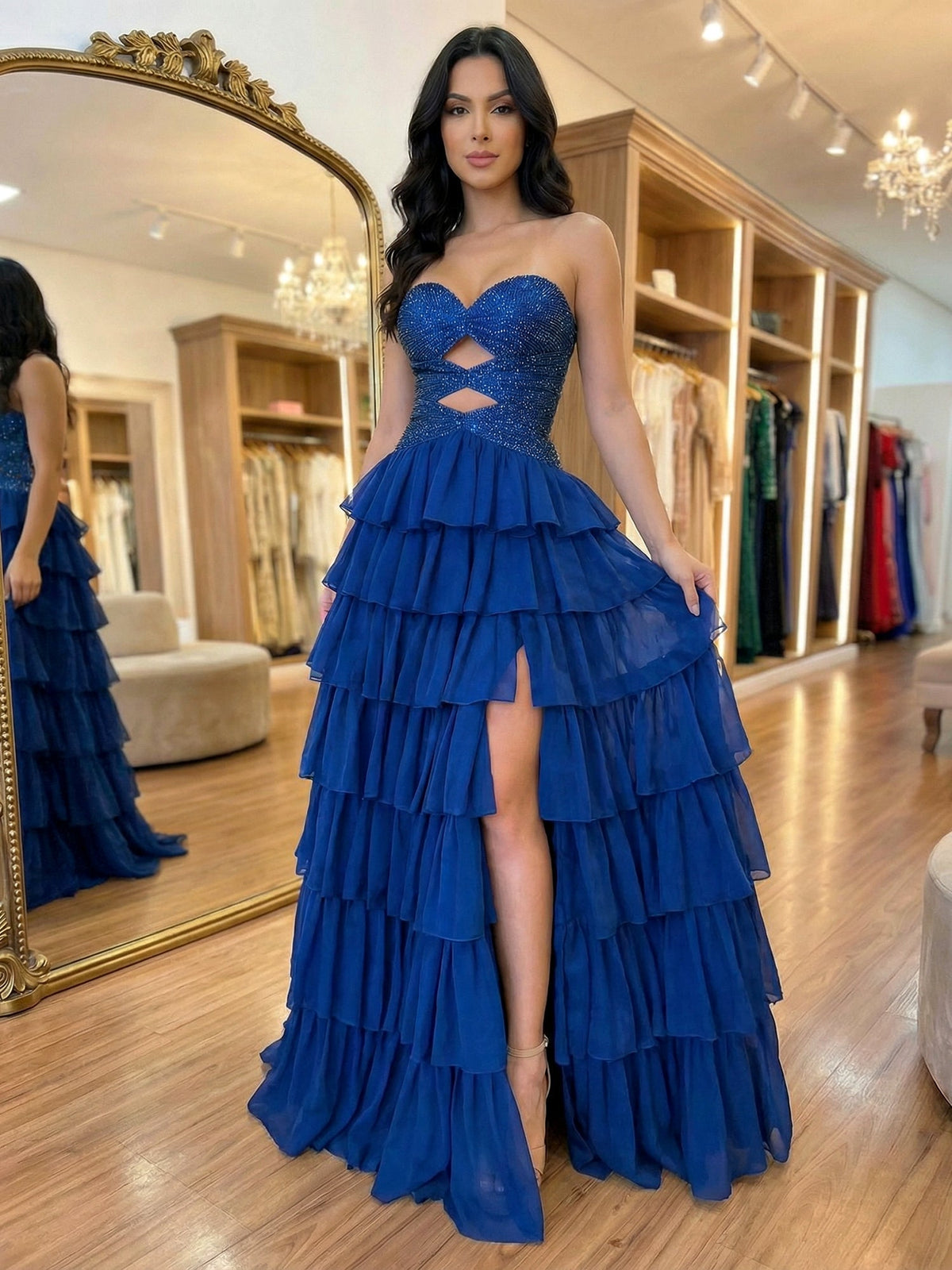 Yellow Sequined Cutout Tiered Ruffle Prom Dress with Slit - View 7 | FashionDia