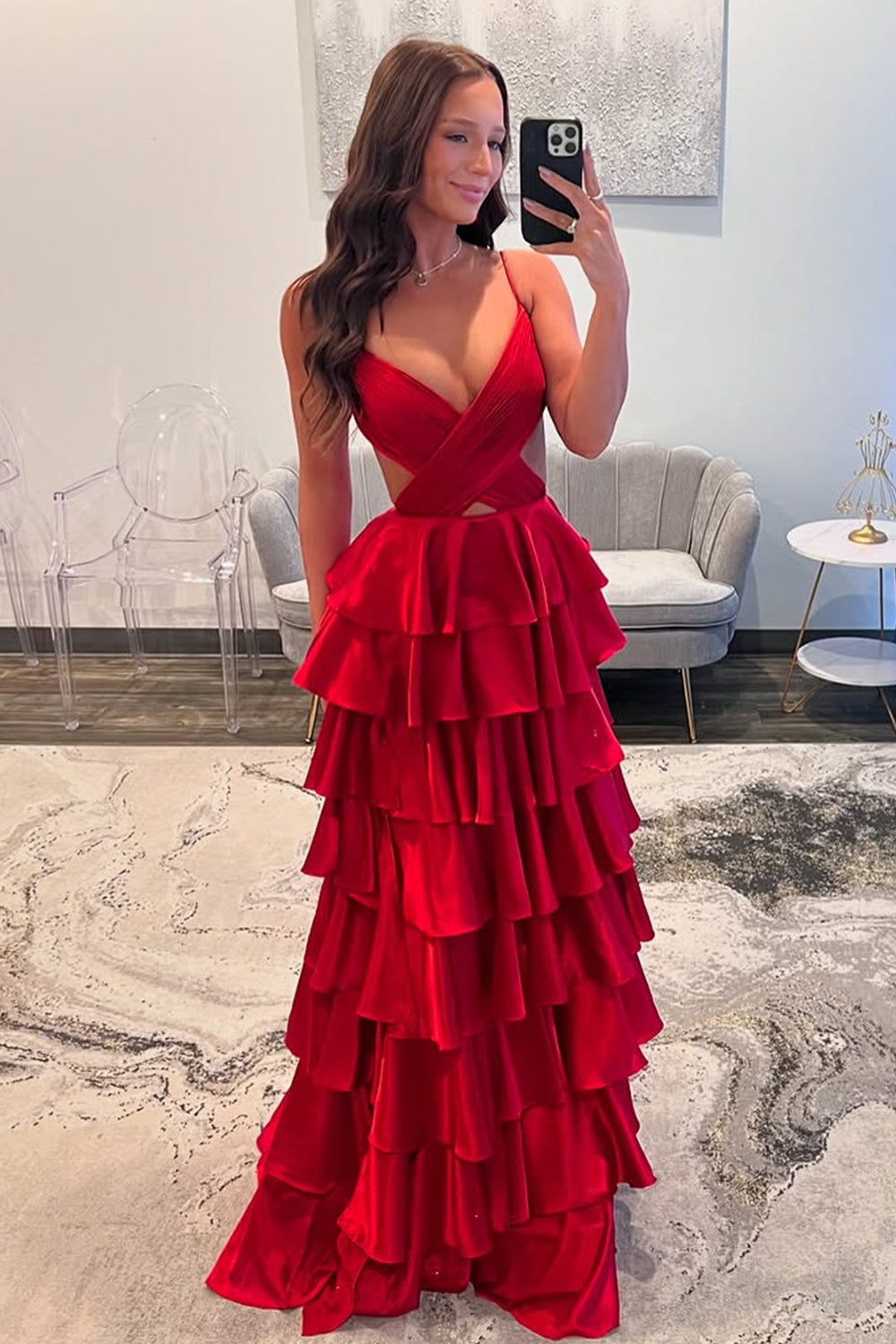 Red A-Line Spaghetti Straps Waist Hollow Long Tiered Satin Prom Dress