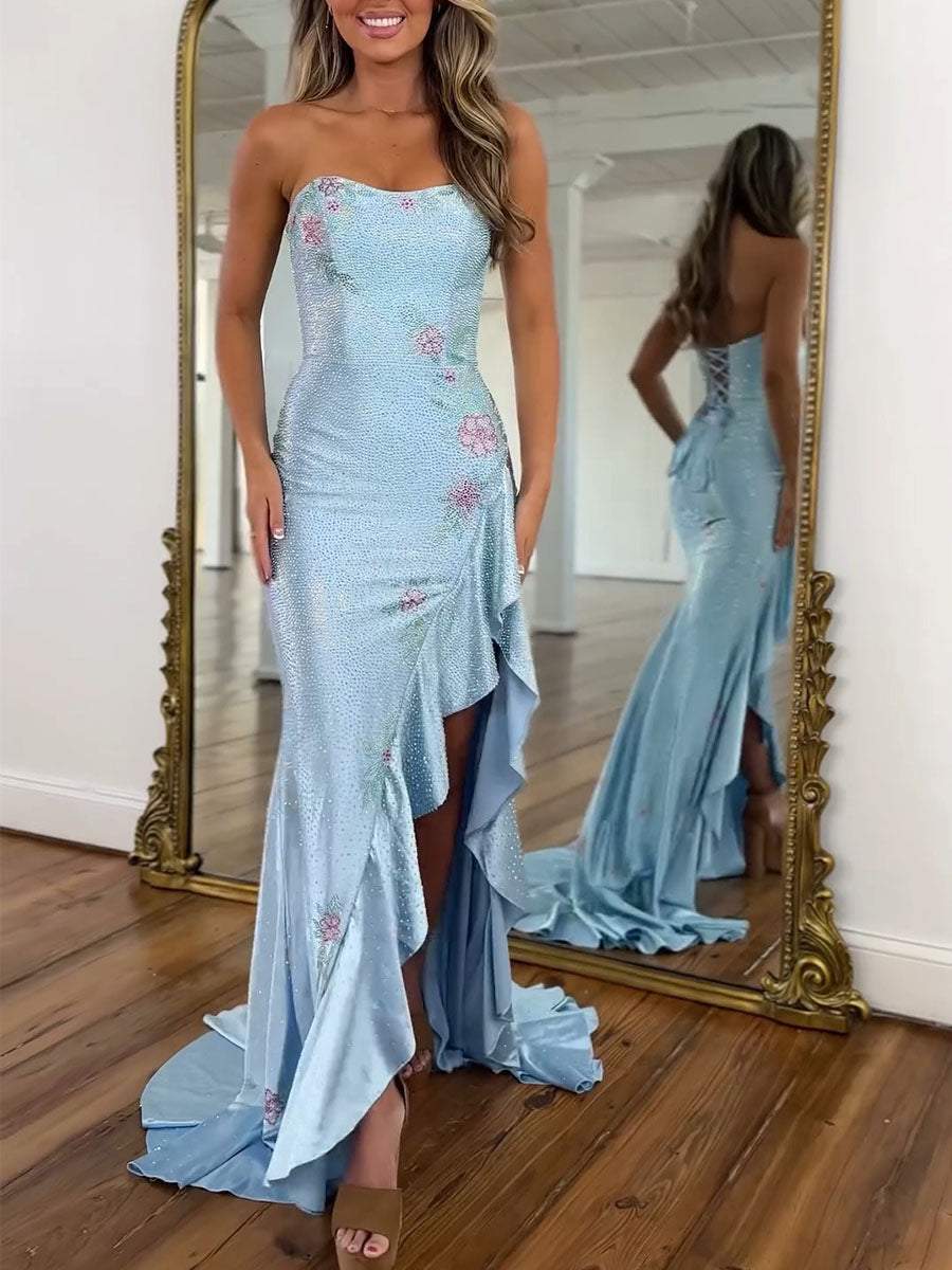 Yellow Strapless Floral Rhinestone Prom Dress with Corset Back