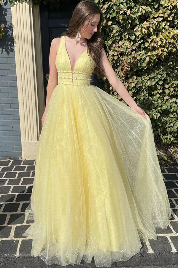 Yellow Tulle A-line V-neck Long Prom Dresses With Belt, Evening Dresses - VelvetHem