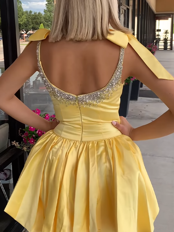 A-Line Bateau Bow Straps Satin Beaded Homecoming Dress